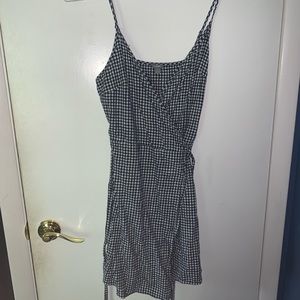 navy blue gingham adjustable wrap dress